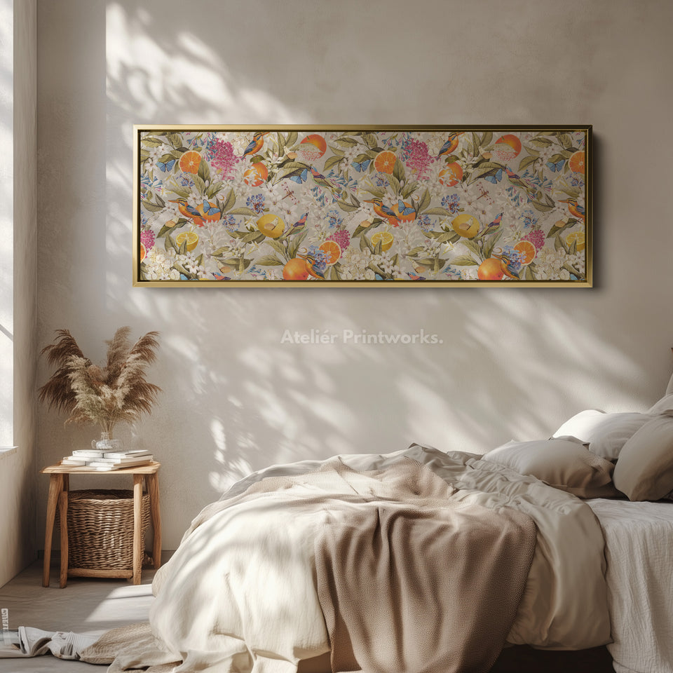 Wide wall art bright botanical with oranges butterflies and birds for living room or bedroom