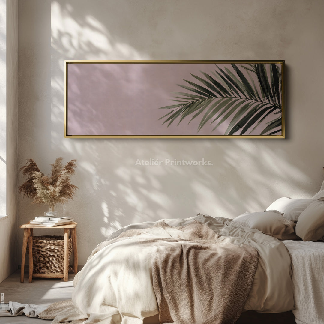 Panoramic wall art minimal palm leaf on soft pastel background for living room or bedroom