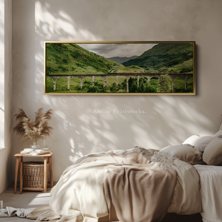 Long framed canvas train crossing glenfinnan viaduct in green highlands for living room or bedroom