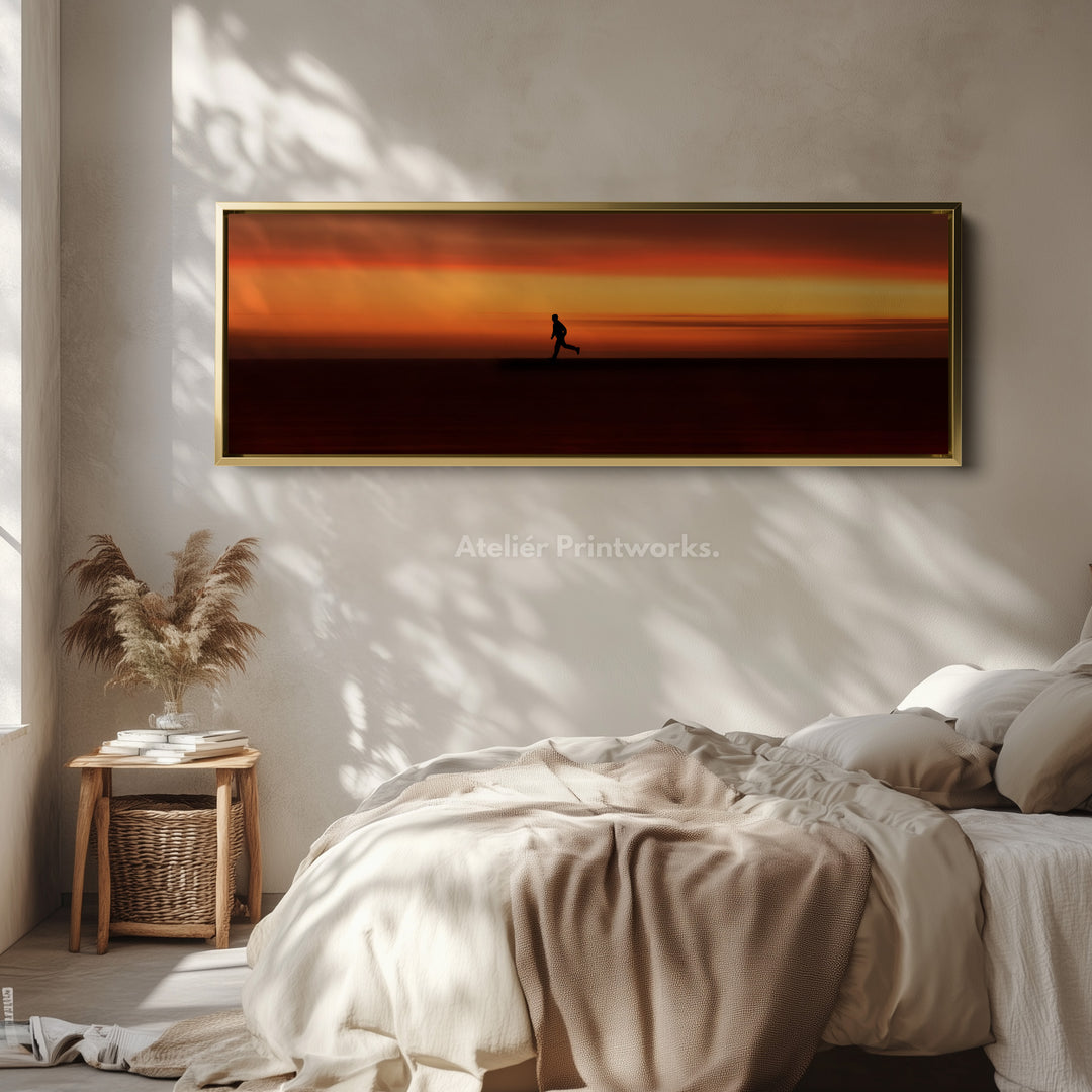 Horizontal wall art runner silhouette against intense sunset horizon for living room or bedroom