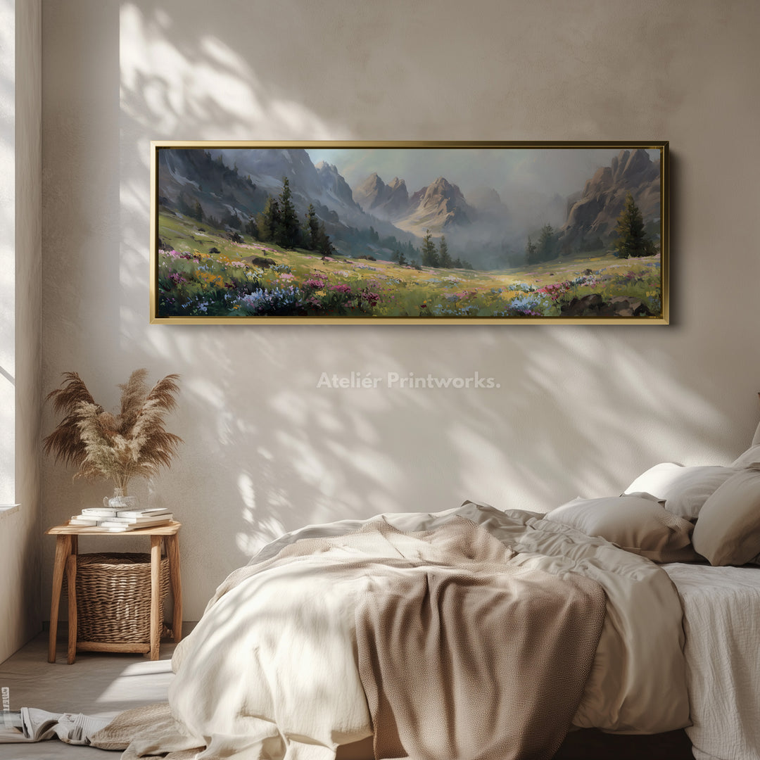 Long narrow canvas misty mountain meadow with wildflowers for living room or bedroom