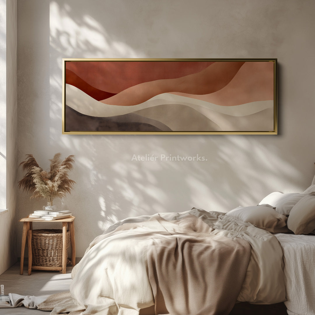 Wide wall art abstract flowing warm earth-toned shapes for living room or bedroom