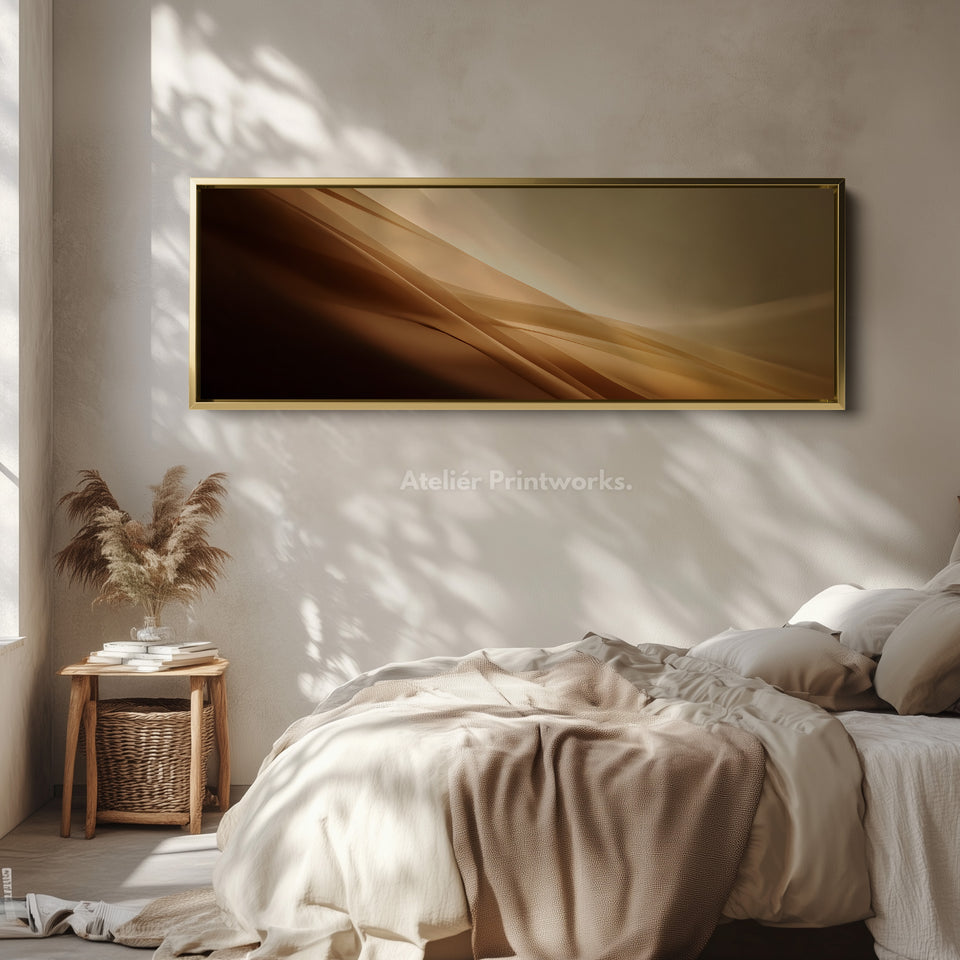 Long Canvas Gold Beige Horizontal Wall Art Elegant Modern Above Bed Wall Art