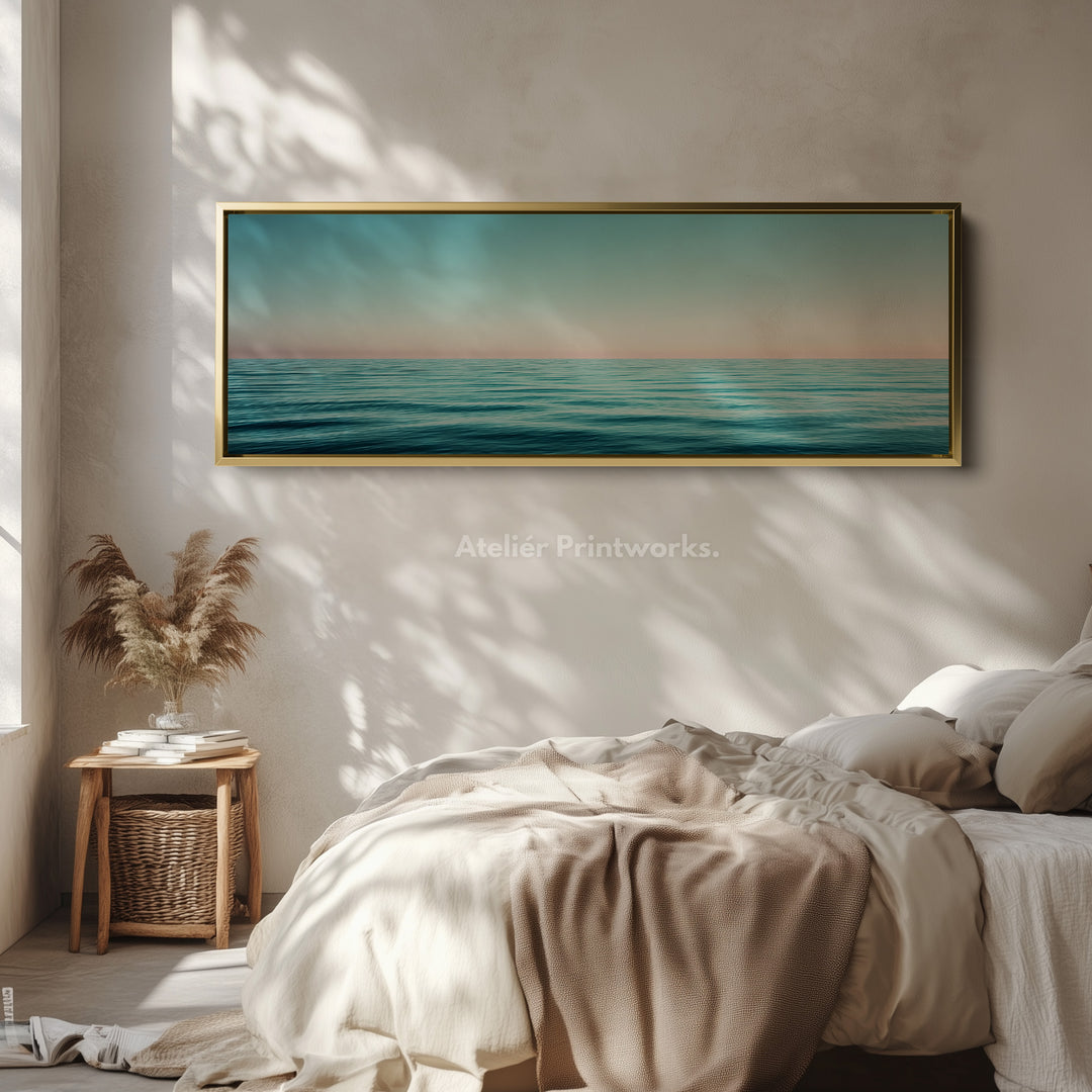 Wide Coastal Ocean Horizon Long Canvas Horizontal Wall Art Calm Blue Seascape