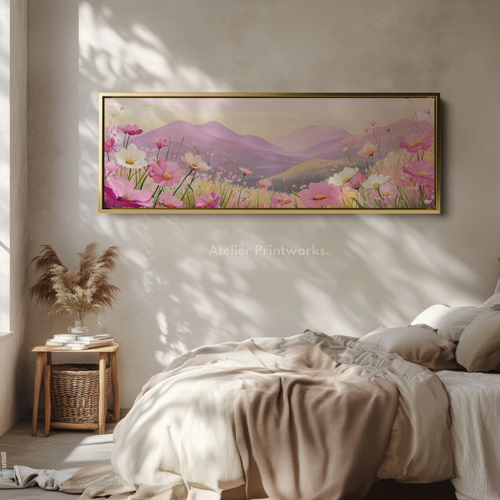 Horizontal Wall Art Pink Floral Meadow Long Canvas For Bedroom Or Living Room