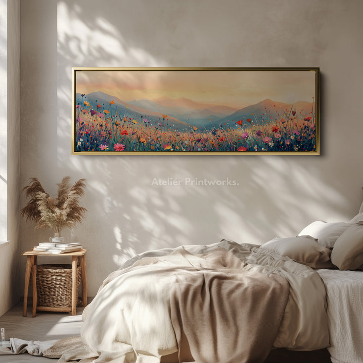 Wide Floral Horizon Long Canvas Above Bed Wall Art Pastel Meadow Landscape