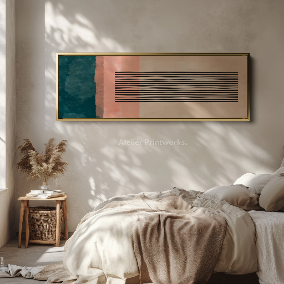 Panoramic Wall Art Teal Green And Coral Abstract Striped Design For Living Room