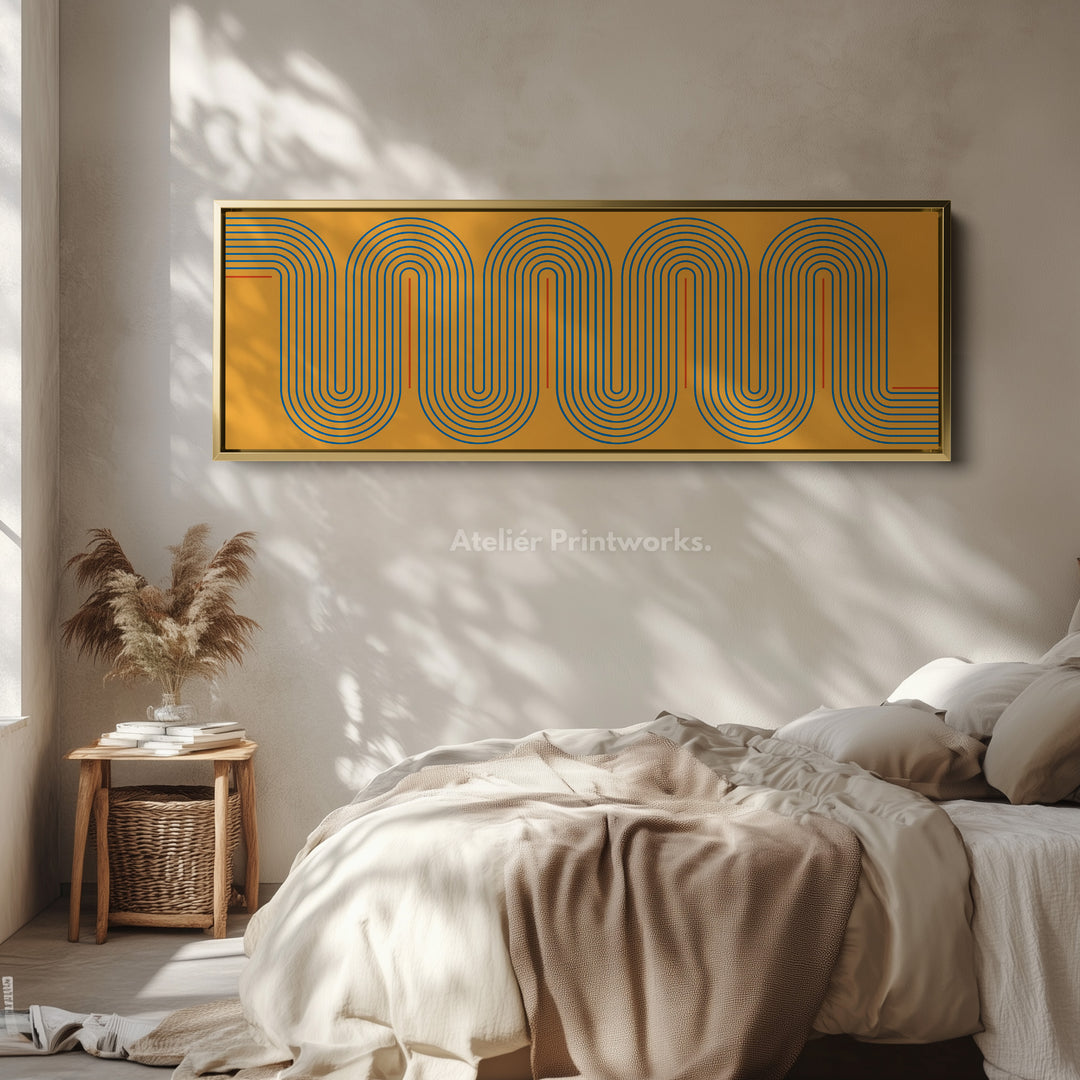 Wide Canvas Yellow And Blue Curved Line Art For Modern Kitchen Or Hallway