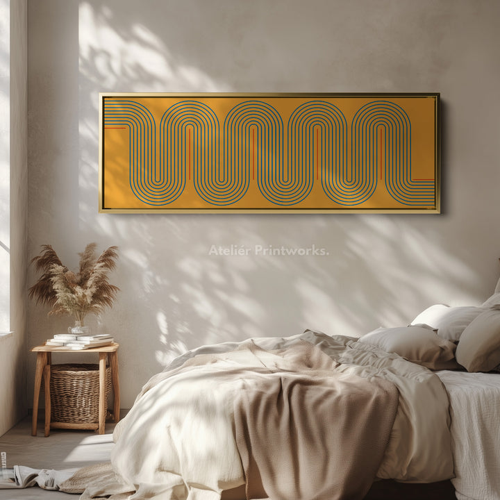 Wide Canvas Yellow And Blue Curved Line Art For Modern Kitchen Or Hallway