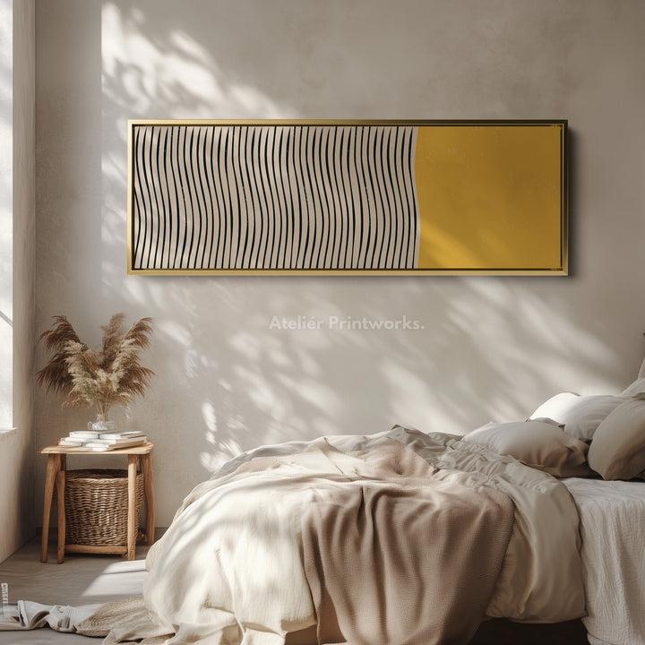 Long Framed Canvas Yellow And Black Wavy Line Wall Art For Bedroom