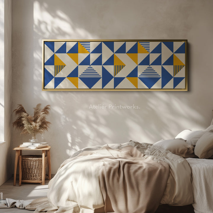 Long Framed Canvas Blue Yellow Beige Horizontal Geometric Wall Art