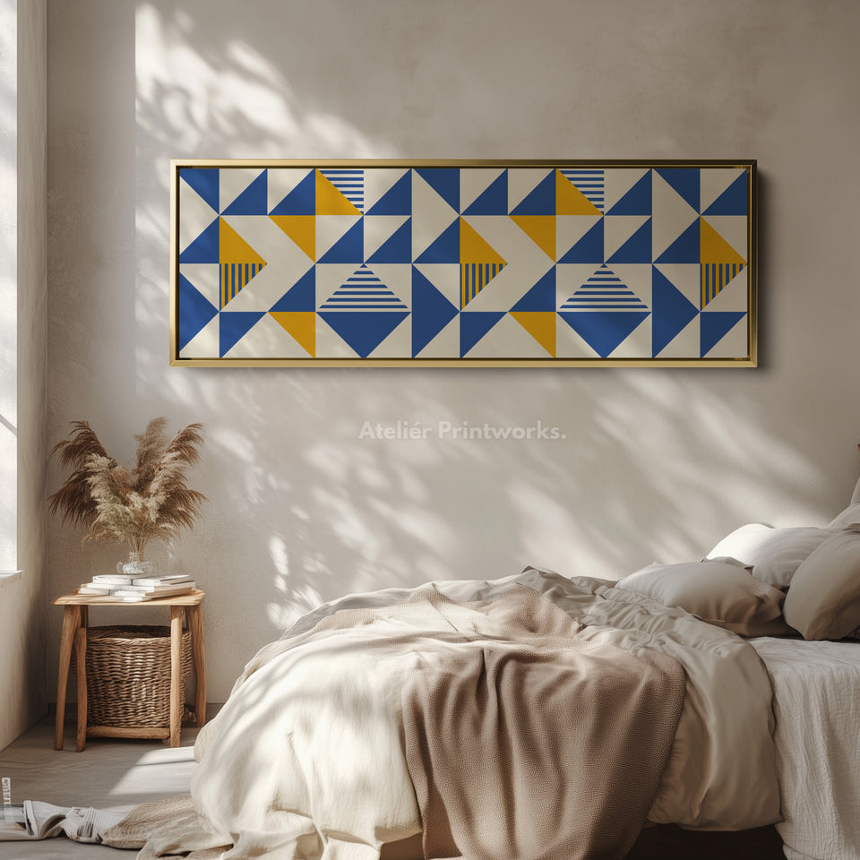 Long Framed Canvas Blue Yellow Beige Horizontal Geometric Wall Art