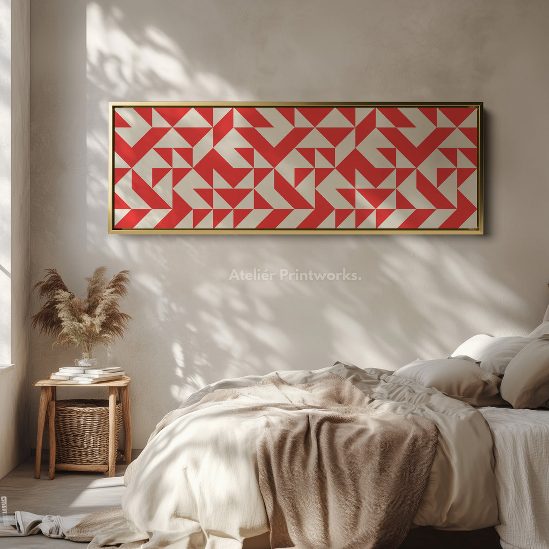 Horizontal Wall Art Red White Geometric Wide Canvas For Living Room
