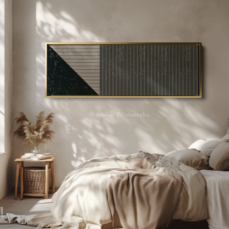 Wide Geometric Wall Art Beige Black Minimalist Long Canvas