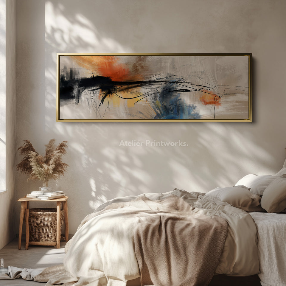 Horizontal Wall Art In Warm Orange And Deep Blue For Living Room