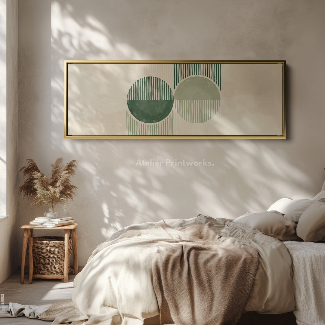 Long Framed Canvas Modern Green Circles With Textured Stripes For Living Spaces