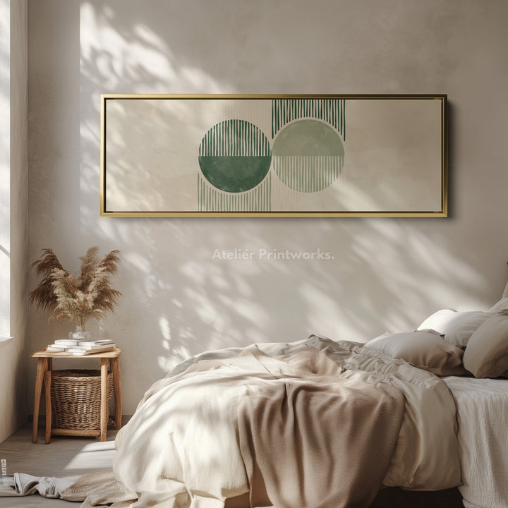 Long Framed Canvas Modern Green Circles With Textured Stripes For Living Spaces