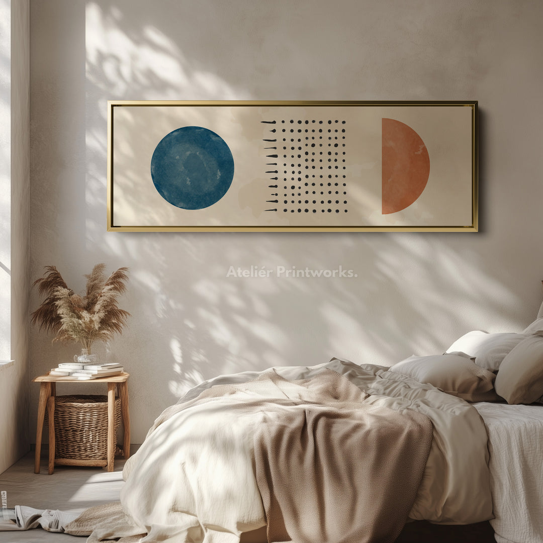 Long Narrow Canvas Blue And Orange Circles With Modern Dot Pattern