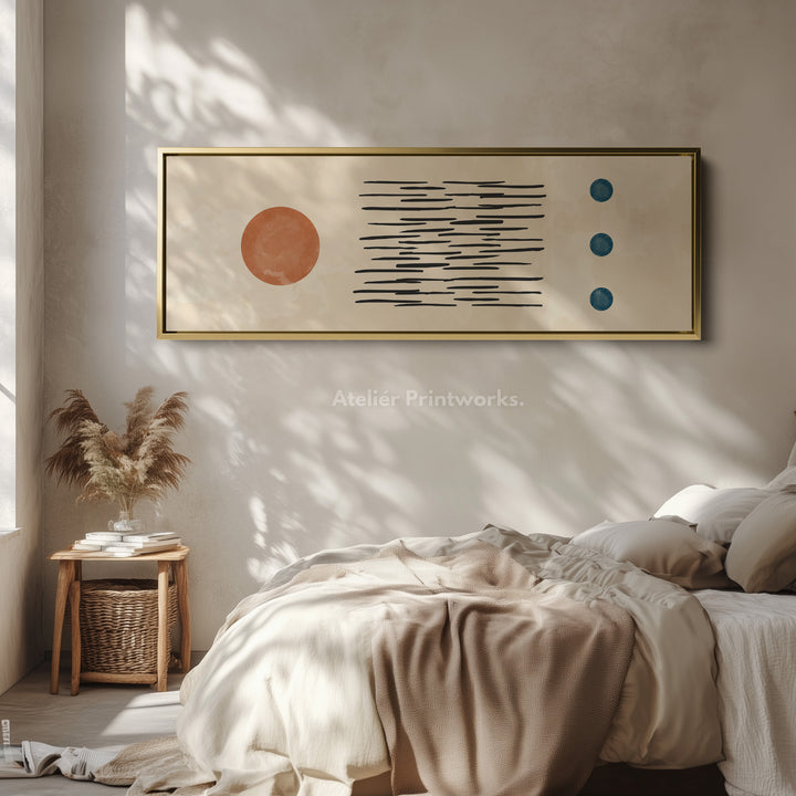 Wide Wall Art Orange And Blue Elements With Graphic Linework For Living Room
