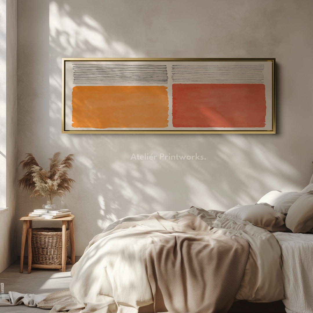 Wide Wall Art Orange And Beige Blocks With Grey Linework