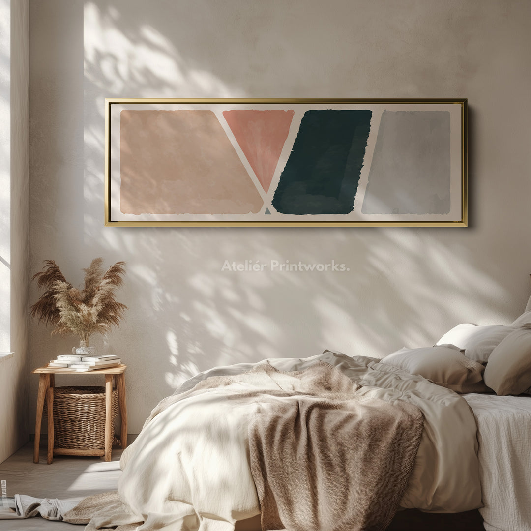 Long Narrow Canvas Modern Geometric In Beige Pink And Deep Green