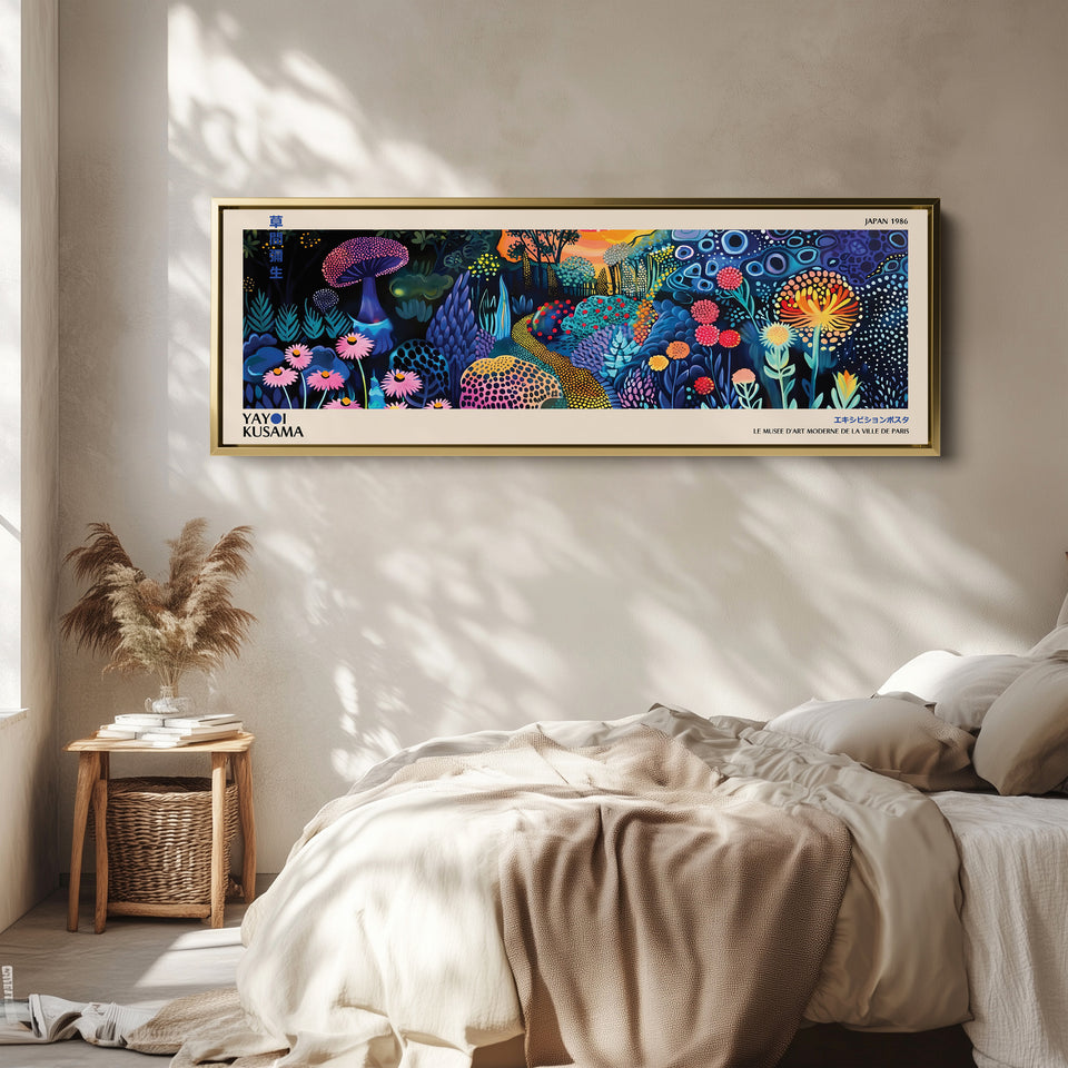 Yayoi Kusama Horizontal Wall Art Dotted Floral Landscape Long Canvas For Living Room