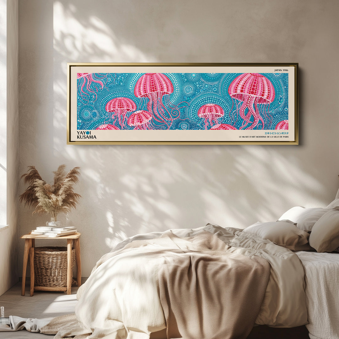 Yayoi Kusama Panoramic Wall Art Pink Jellyfish Wide Canvas For Bedroom