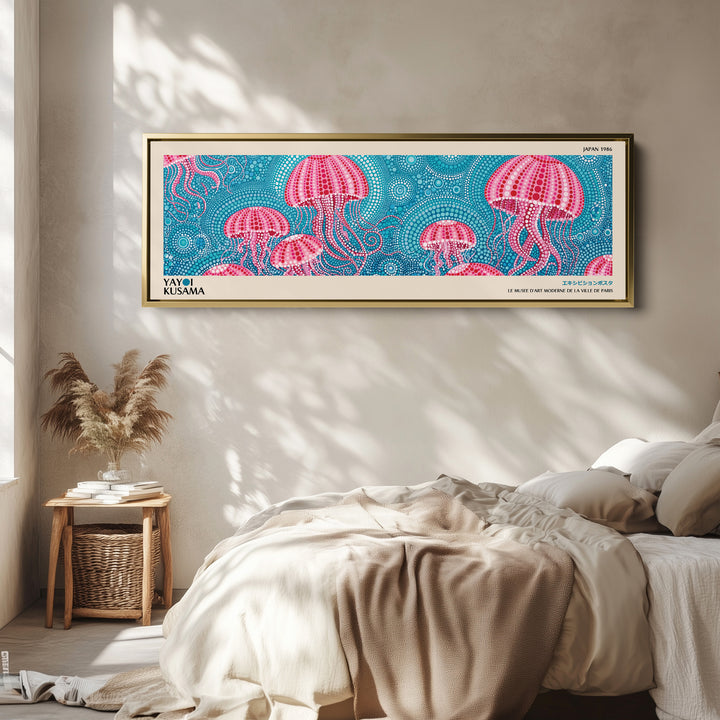 Yayoi Kusama Panoramic Wall Art Pink Jellyfish Wide Canvas For Bedroom