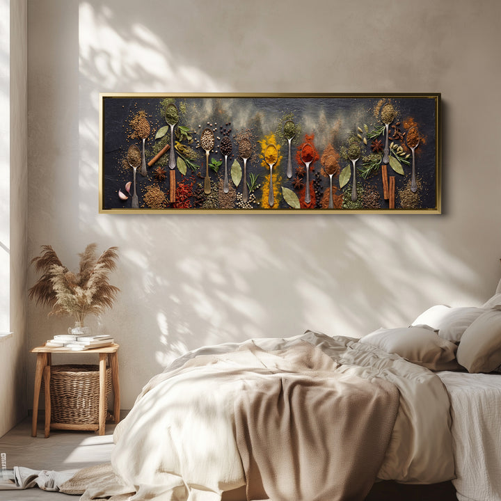 Wide Wall Art Assorted Spices On Spoons Long Canvas For Kitchen