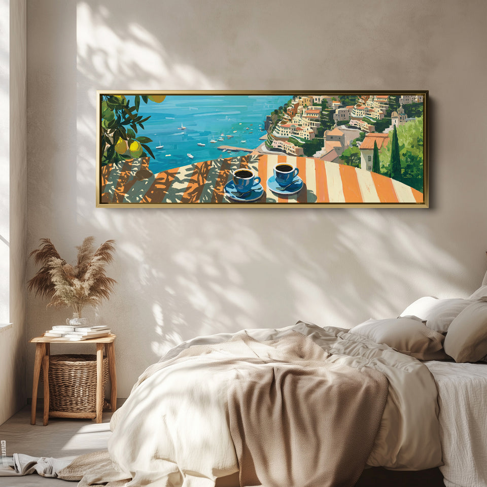 Horizontal Wall Art Coastal Terrace Coffee Scene Long Canvas For Kitchen