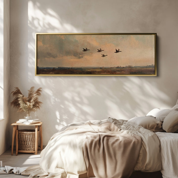 Wide Wall Art Flying Ducks Over Marsh Long Canvas For Hallway
