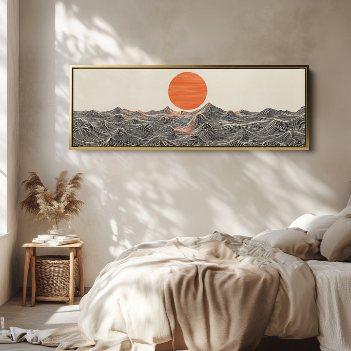 Horizontal Wall Art Stylised Ocean Waves Long Canvas For Bedroom