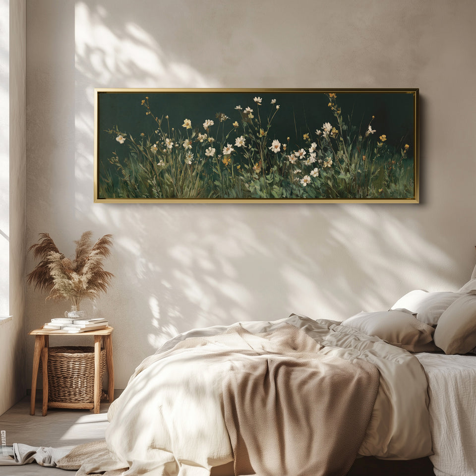Long Framed Canvas White Wildflowers Long Canvas For Living Room