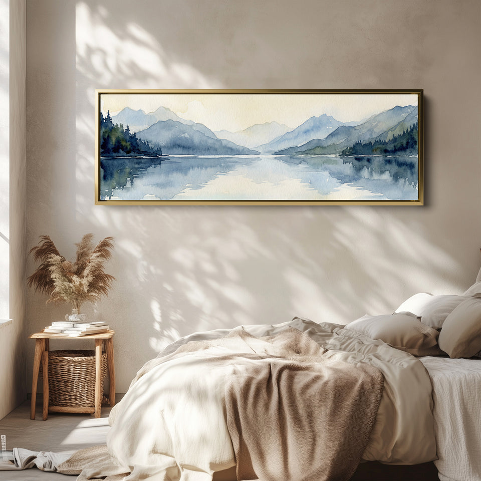 Panoramic Wall Art Misty Mountain Lake Long Canvas For Bedroom
