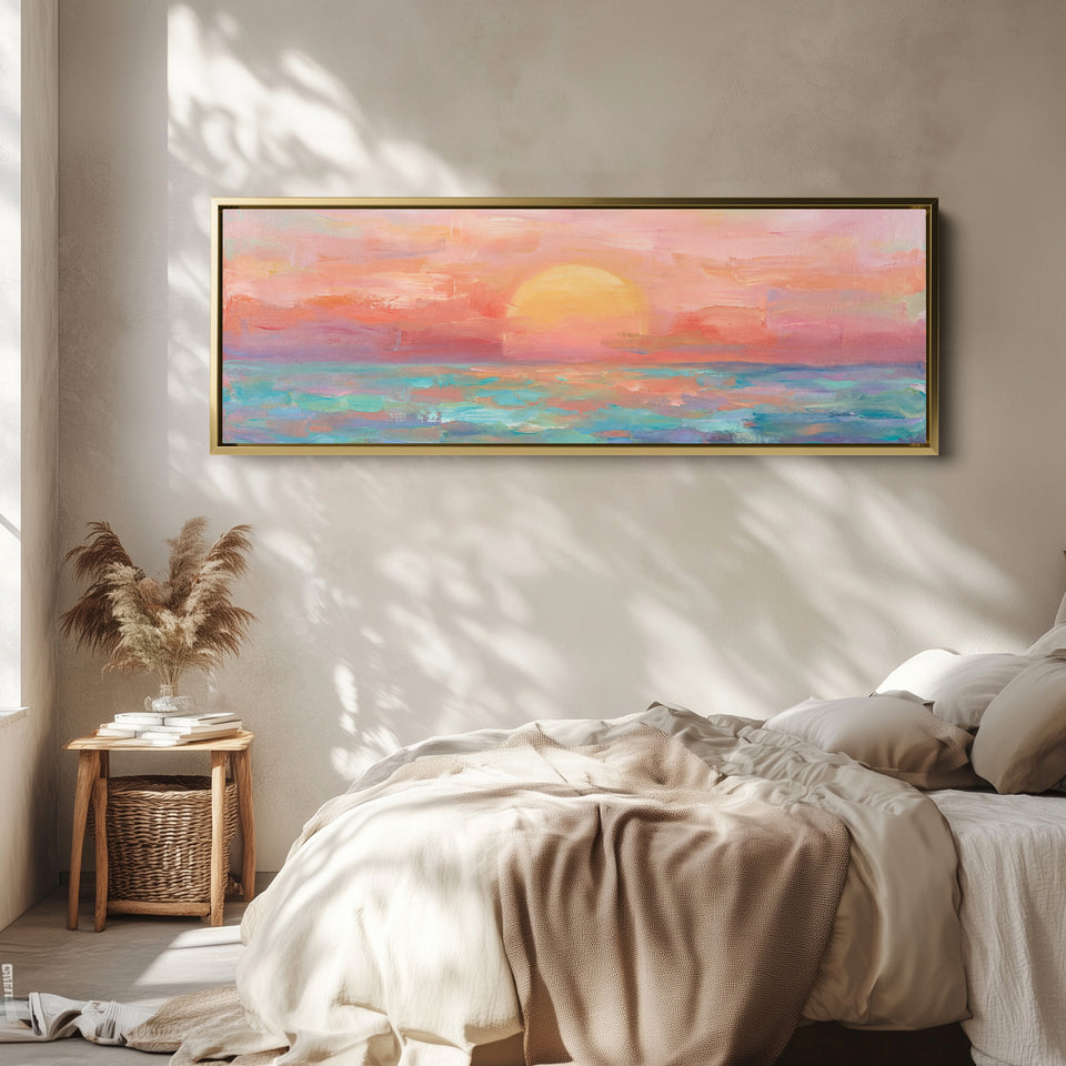 Wide Wall Art Pastel Ocean Sunset Long Canvas For Living Room