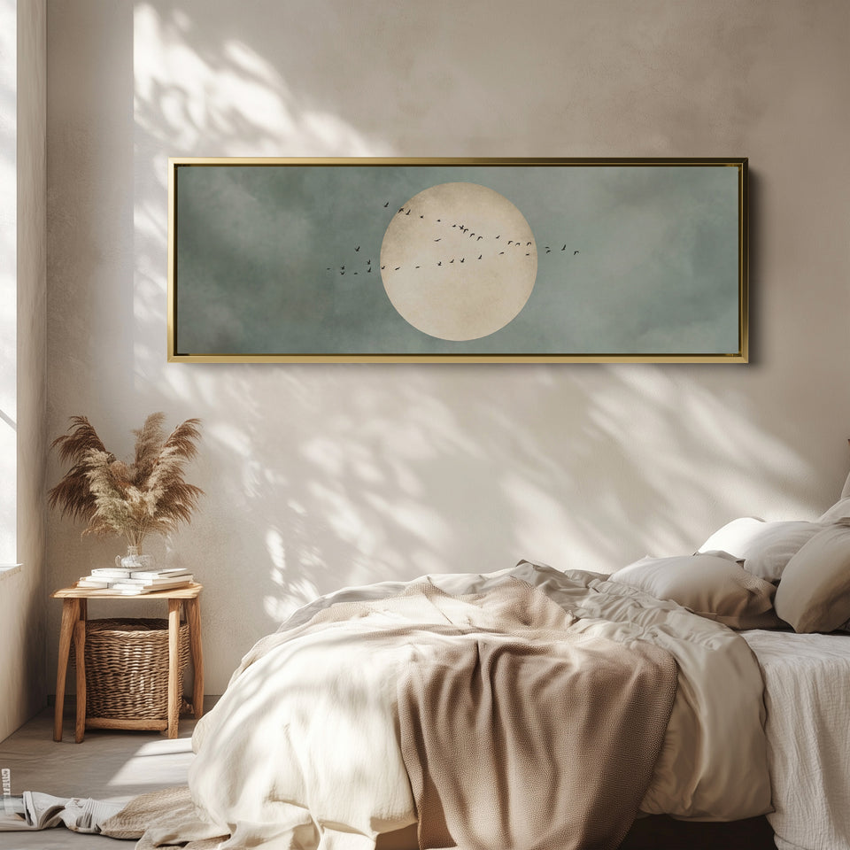 Horizontal Wall Art Birds Across Large Sun Long Canvas For Hallway