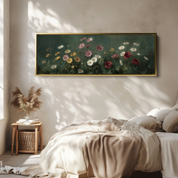 Long Framed Canvas Dark Meadow Daisies Long Canvas For Bedroom