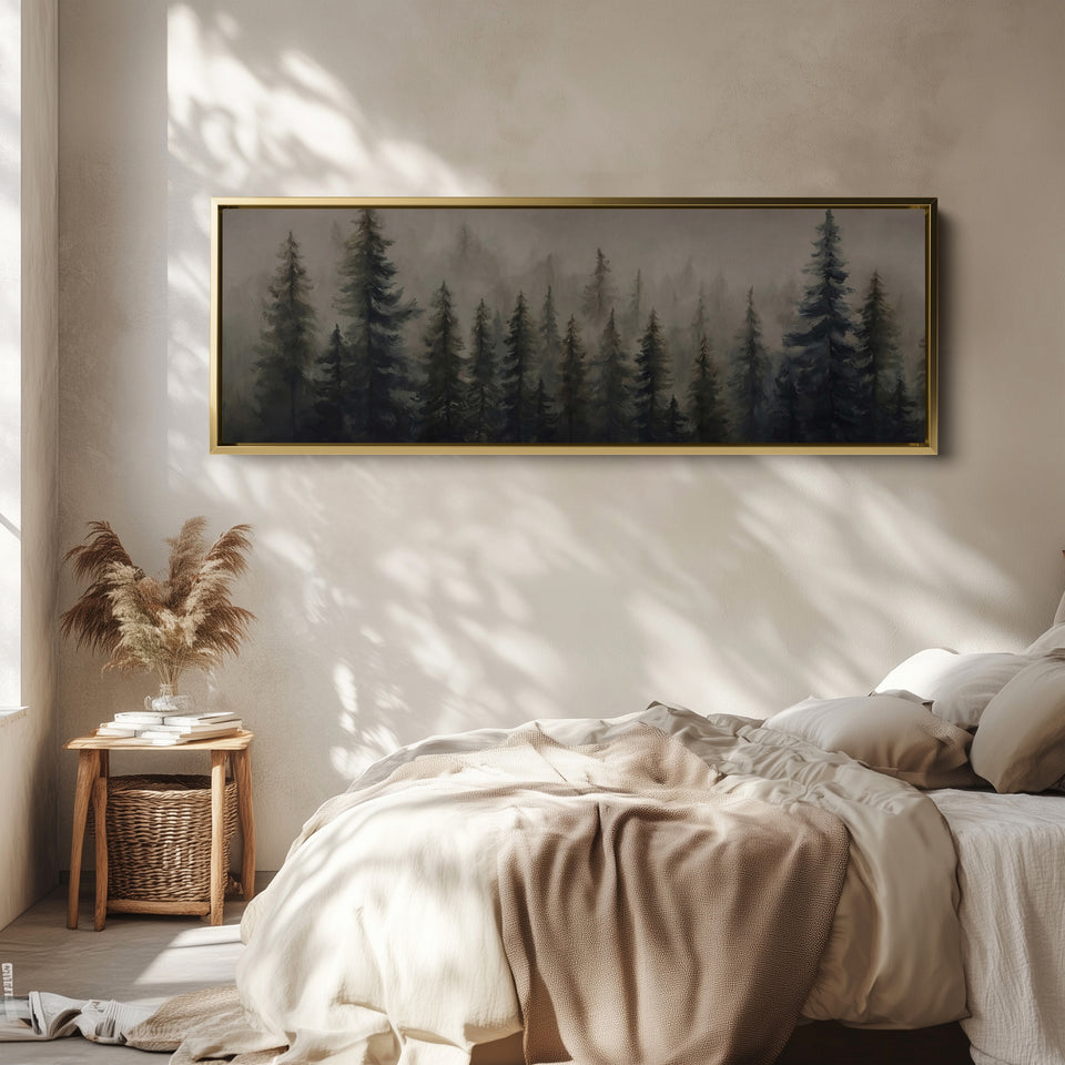 Horizontal Wall Art Misty Pine Forest Long Canvas For Office