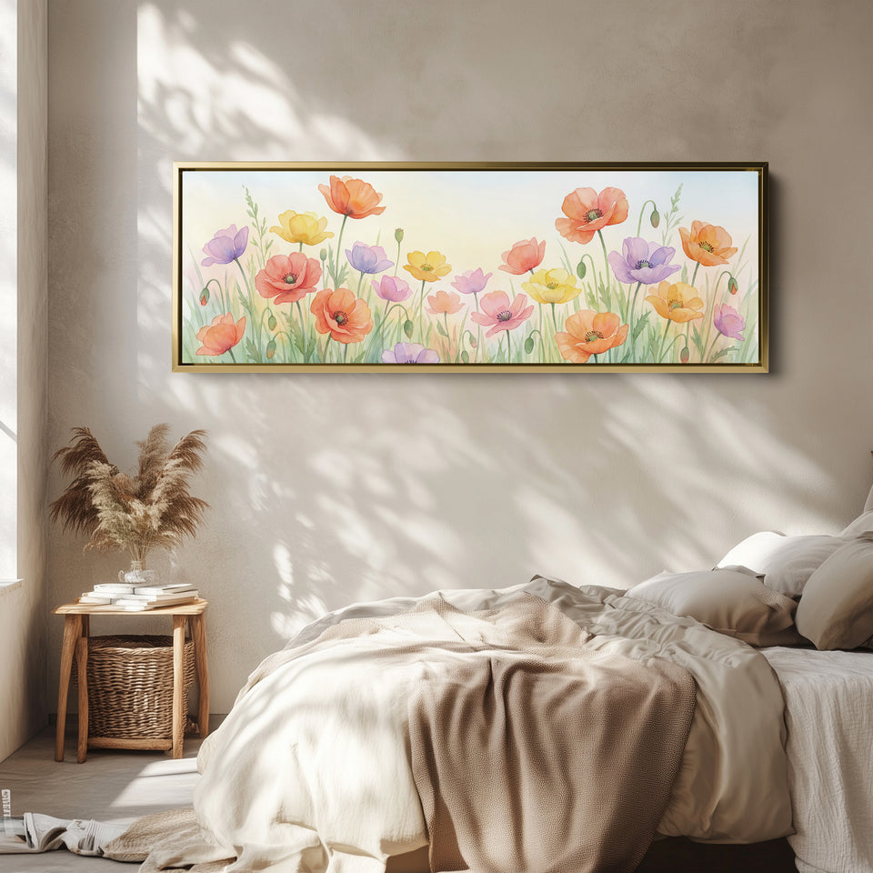 Long Narrow Canvas Soft Pastel Poppies Long Canvas For Bedroom