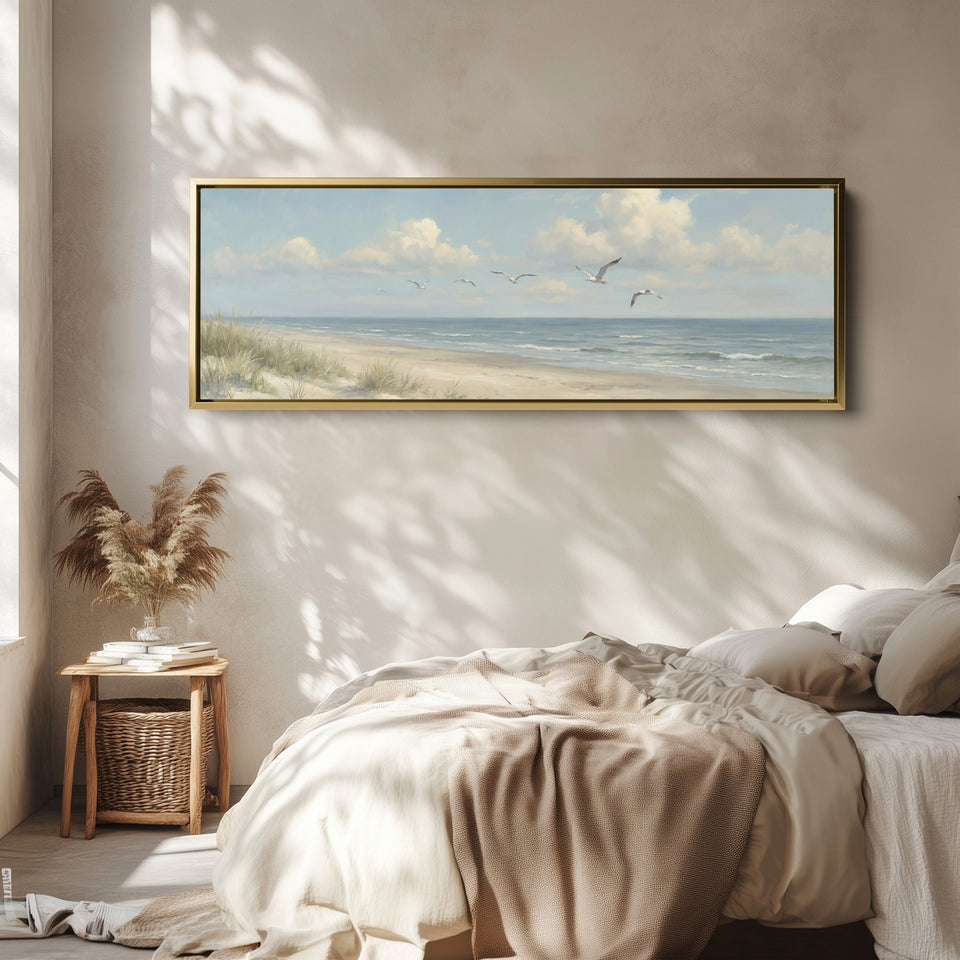 Above Bed Wall Art Coastal Dunes And Seagulls Extra Wide Canvas Living Room