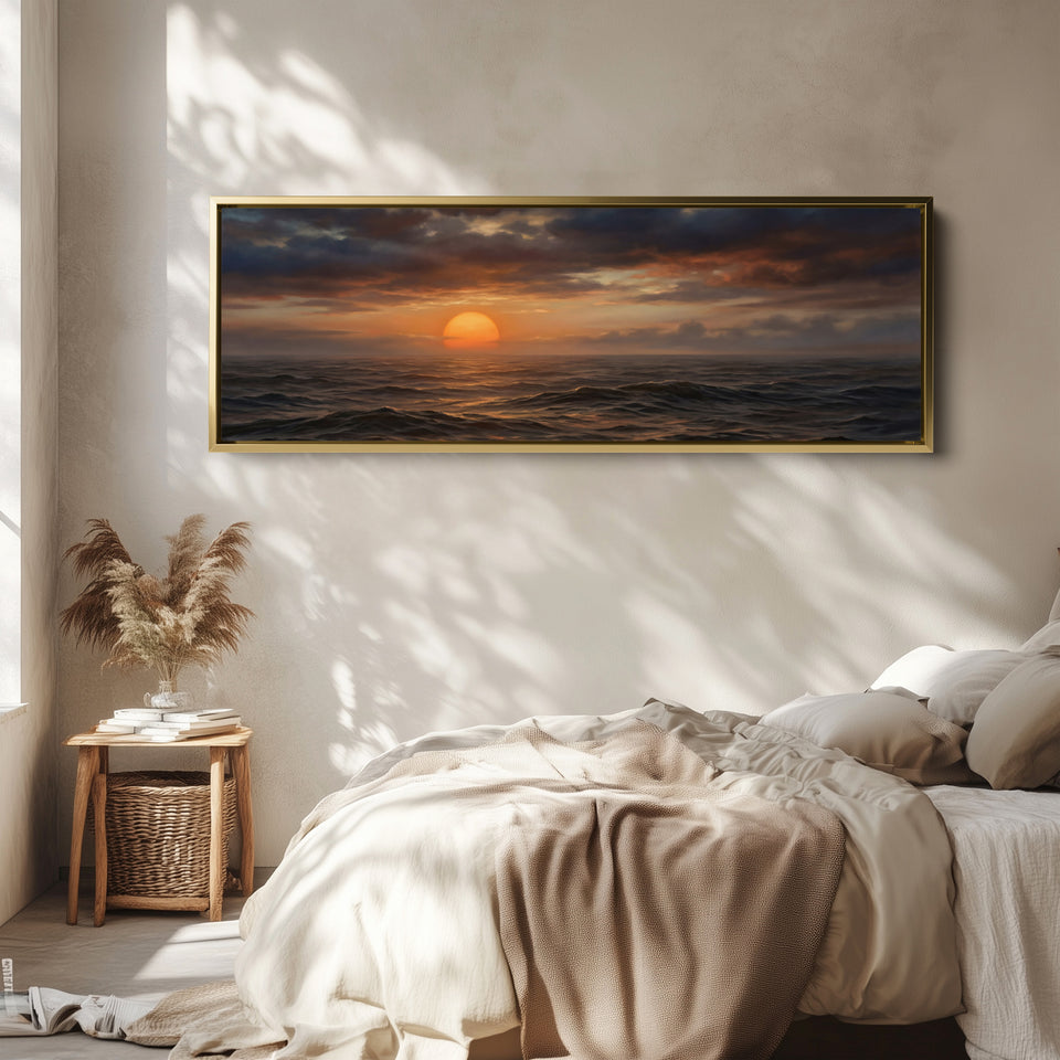 Large Wall Art Sunset Over Ocean Waves Extra Wide Canvas Living Room