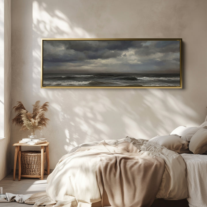 Wide Framed Canvas Breaking Waves Under Clouds Oversized Wall Decor Bedroom