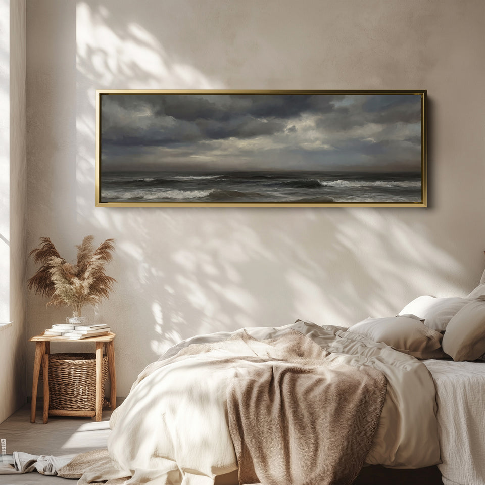 Wide Framed Canvas Breaking Waves Under Clouds Oversized Wall Decor Bedroom