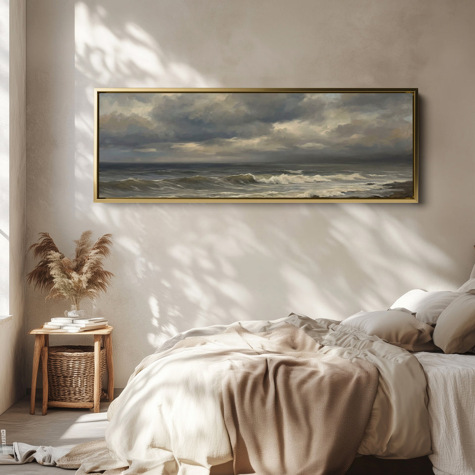 Long Wall Art Rolling Waves And Dark Sky Panoramic Canvas Print Living Room