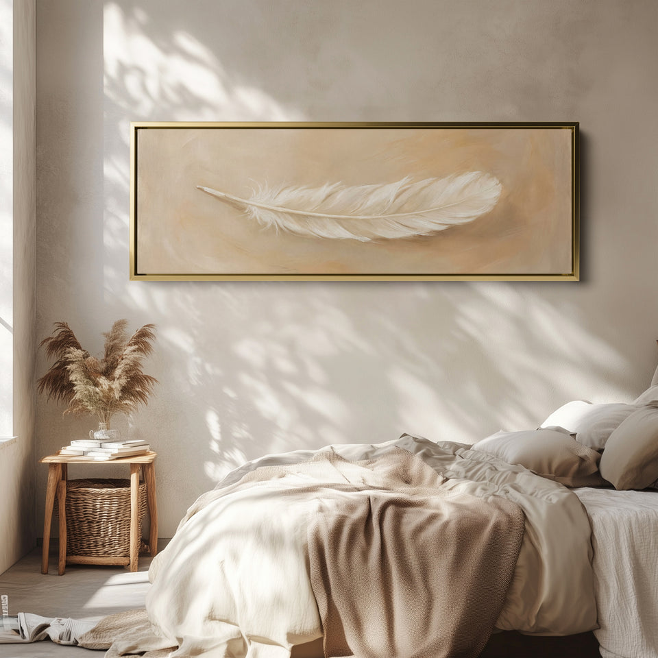 Single White Feather Above Bed Wall Art Extra Wide Canvas Bedroom