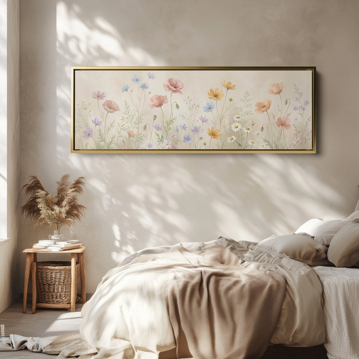 Pastel Wildflowers On Beige Background Large Wall Art Panoramic Canvas Print Bedroom