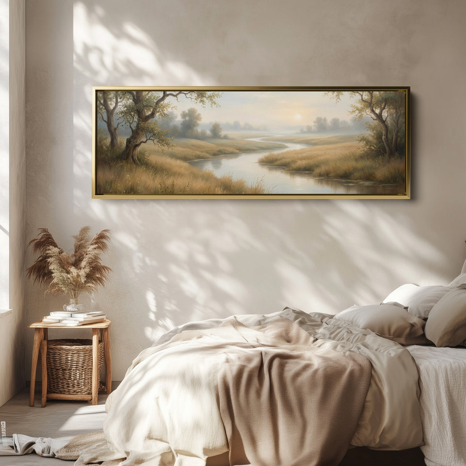 River Through Grassy Landscape Panoramic Wall Art Statement Wall Decor Living Room
