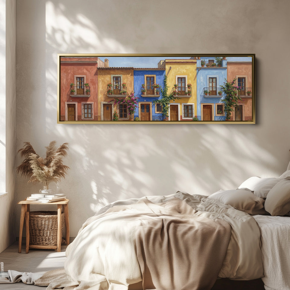 Colourful Mediterranean Houses Wide Framed Canvas Extra Wide Canvas Kitchen
