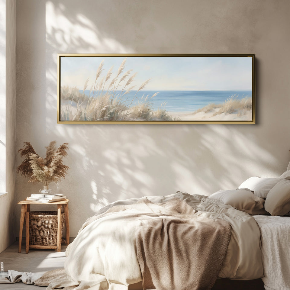 Beach Grasses And Blue Sea Long Wall Art Panoramic Canvas Print Bedroom
