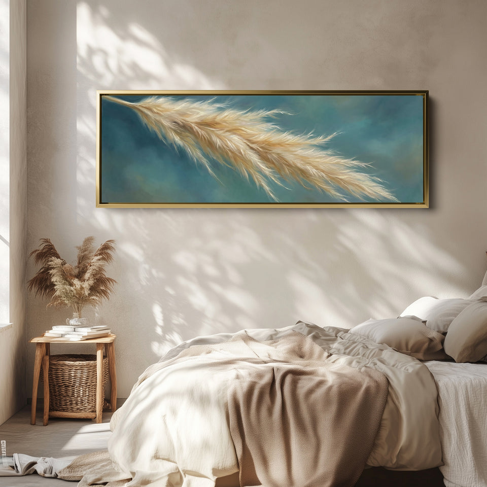 Pampas Grass On Blue Background Large Wall Art Panoramic Canvas Print Hallway